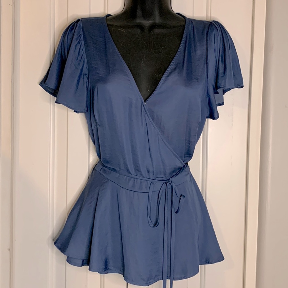 VGUC-Loft small light blue ruffled wrap blouse